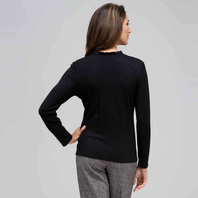 Long Sleeve Ruffle Front Trim Cardigan, Black, large image number 1