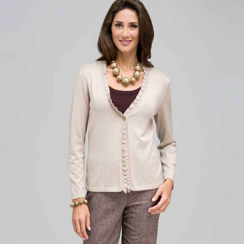 Long Sleeve Ruffle Front Trim Cardigan, Fawn Heather, large image number 0